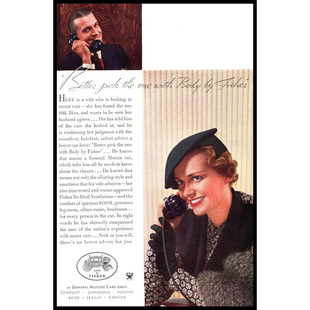 1934 GM General Motors Body by Fisher Vintage Print Ad Housewife Woman Wall Art